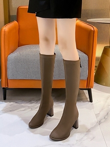 秋冬新款杏色高跟长筒靴女不过膝性感瘦瘦靴后拉链圆头粗跟高筒靴