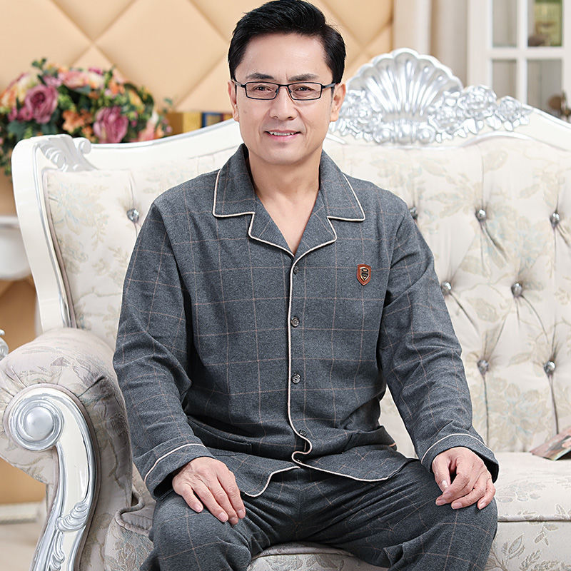 春秋睡衣100%纯棉男长袖开衫爸爸款中老年人家居服老年加大码5XL