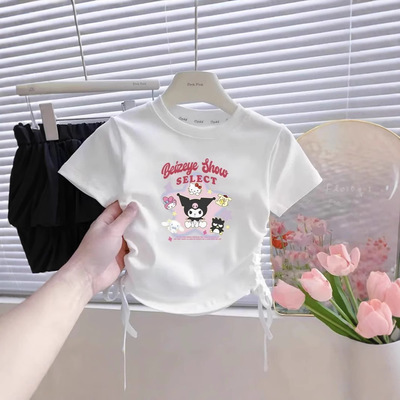 2025夏季新款卡通女童冰丝螺纹短袖儿童T恤宝宝洋气抽绳甜美上衣
