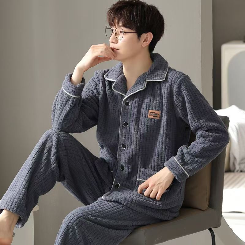 男士秋冬季新款简约休闲珊瑚绒加厚加绒家居服睡衣法兰绒两件套装