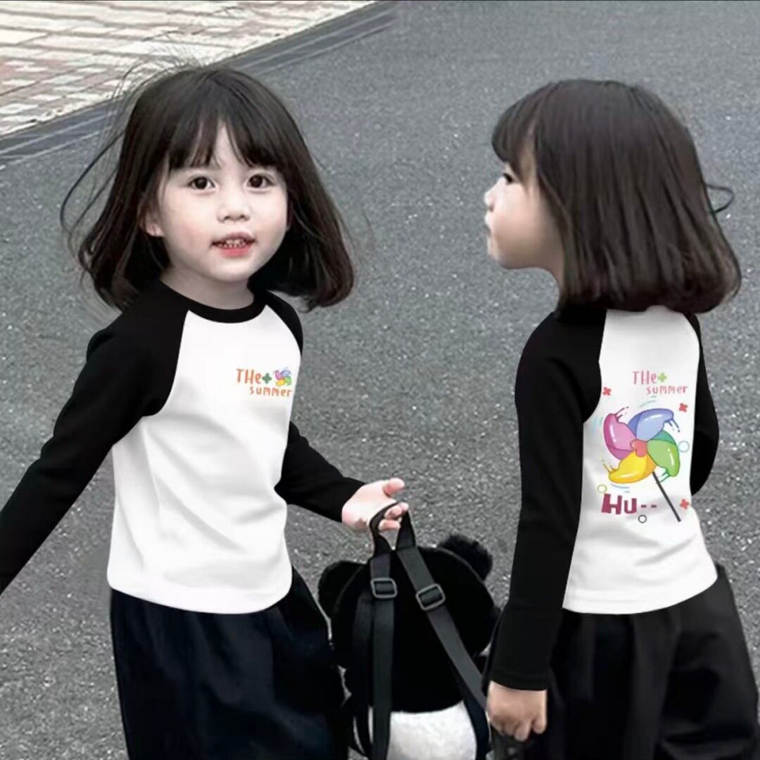 纯棉女童拼色长袖T恤儿童2025新款上衣撞色秋装休闲薄款洋气打底