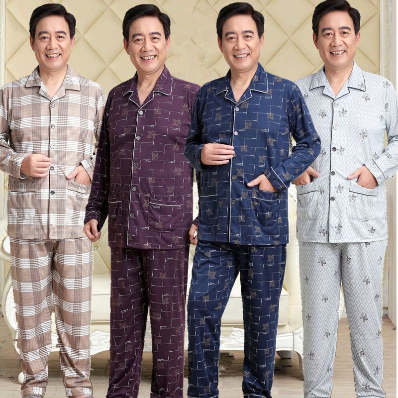 中老年男士睡衣长袖100%纯棉秋夏季加大码青中年爸爸睡衣家居服套