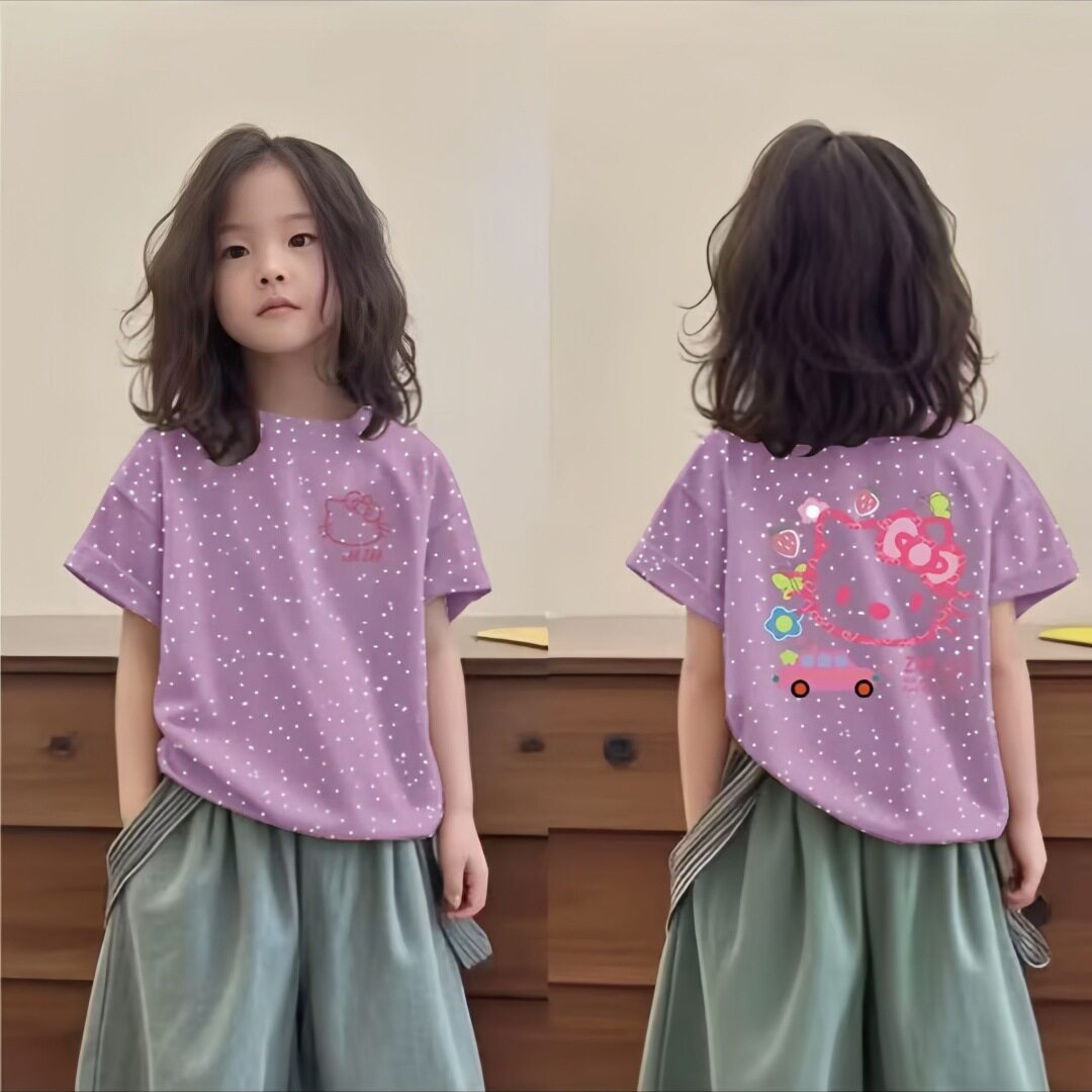 女童纯棉扎染短袖t恤2025年夏季新款中大童潮流百搭卡通印花上衣