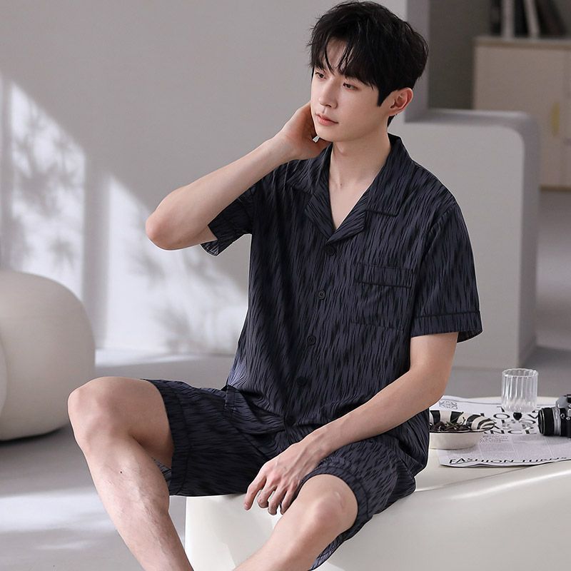 睡衣男士夏季纯棉新款短袖短裤时尚青少年薄款大码夏天家居服套装