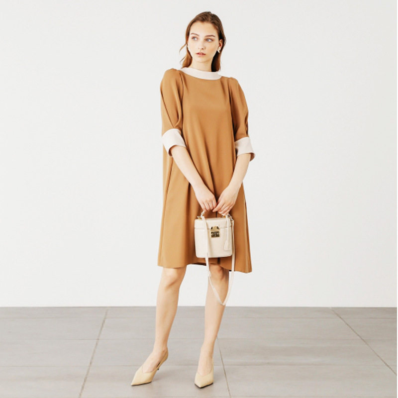 春季新款V领飘带配色领七分灯笼连衣裙
