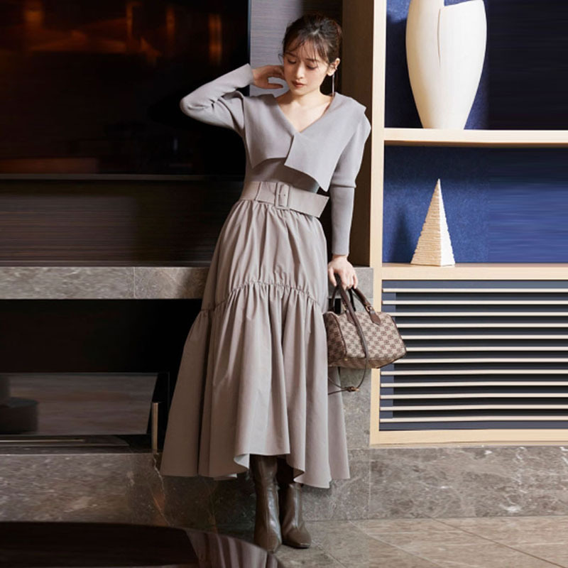 秋冬女装新款 纯色高腰腰带不规则大摆半身裙