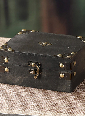 中式木质带锁收纳盒灰色复古项链饰品首饰盒手饰发饰储物百宝木箱