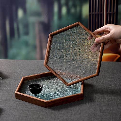 杯子复古海棠压花玻璃托盘收纳盘