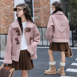 初中女生外套秋冬装中大童加绒保暖夹克外套冬季加厚皮毛一体麂皮