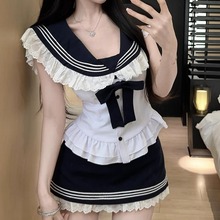 韩版学院风jk套装辣妹海军领蝴蝶结收腰衬衫上衣短裙两件套小个子