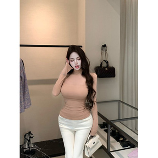 网纱拼接粉色半高领长袖T恤女春秋显身材微透内搭辣妹打底衫上衣