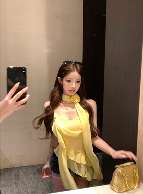 荷叶边黄色花朵吊带小背心女夏季修身外穿辣妹短款仙女风绝美上衣