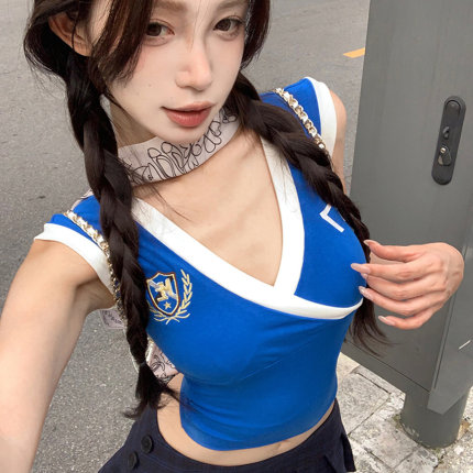 撞色刺绣v领无袖背心T恤女夏季美式辣妹性感运动球衣修身短款上衣