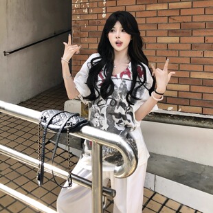 巴斯vibe 美式复古个性潮流印花短袖T恤女设计感宽松休闲上衣夏季