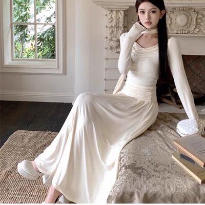 白色连衣裙绝美一字肩长裙度假风