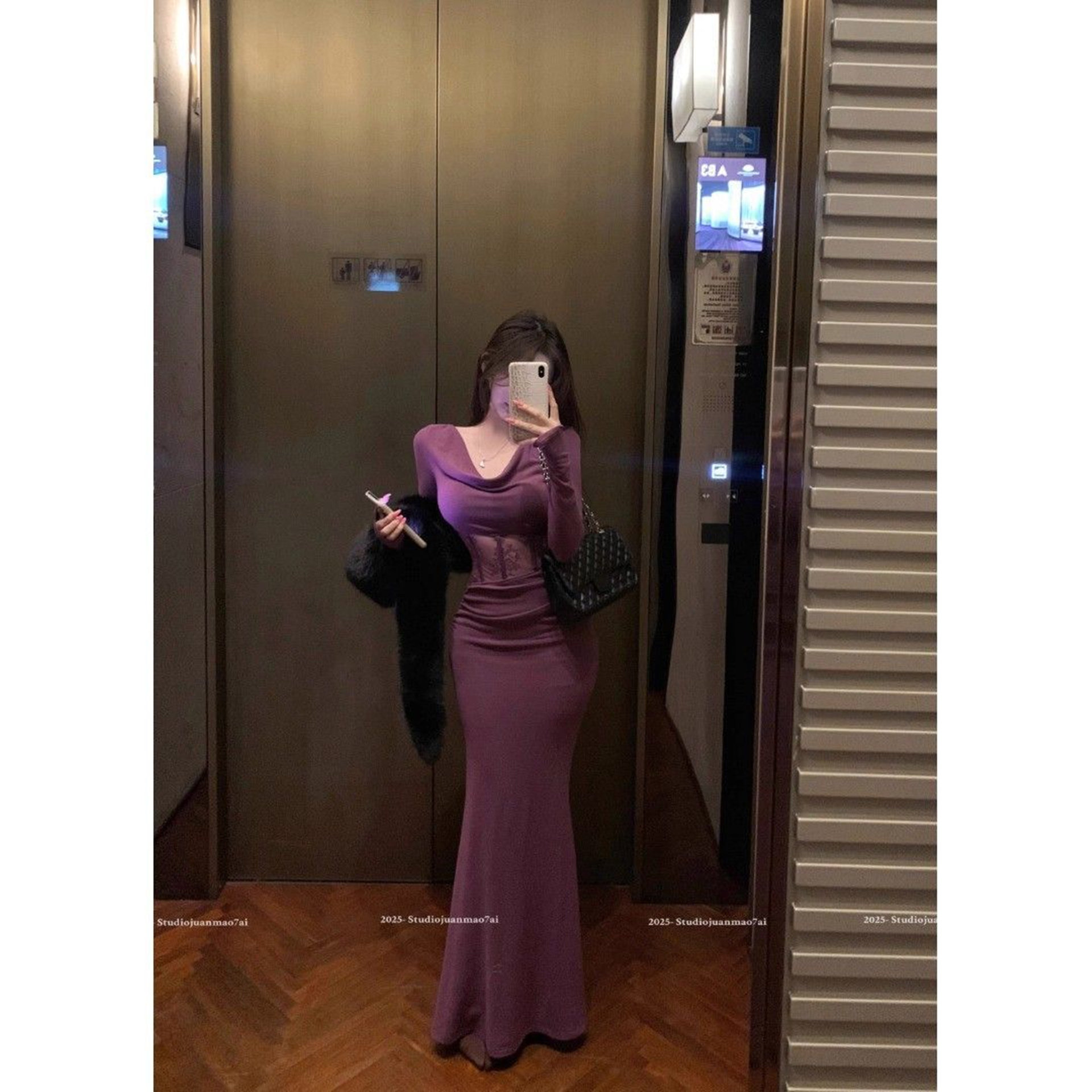 纯欲风紫色韵味长袖一字肩连衣裙女秋冬季镂空蕾丝拼接包臀鱼尾裙