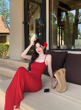 红色性感辣妹吊带连衣裙女夏季收腰紧身包臀裙小妈裙显身材中长裙