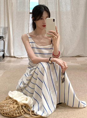 海边度假风蓝色条纹吊带连衣裙子女装夏季新款法式气质漂亮长裙子