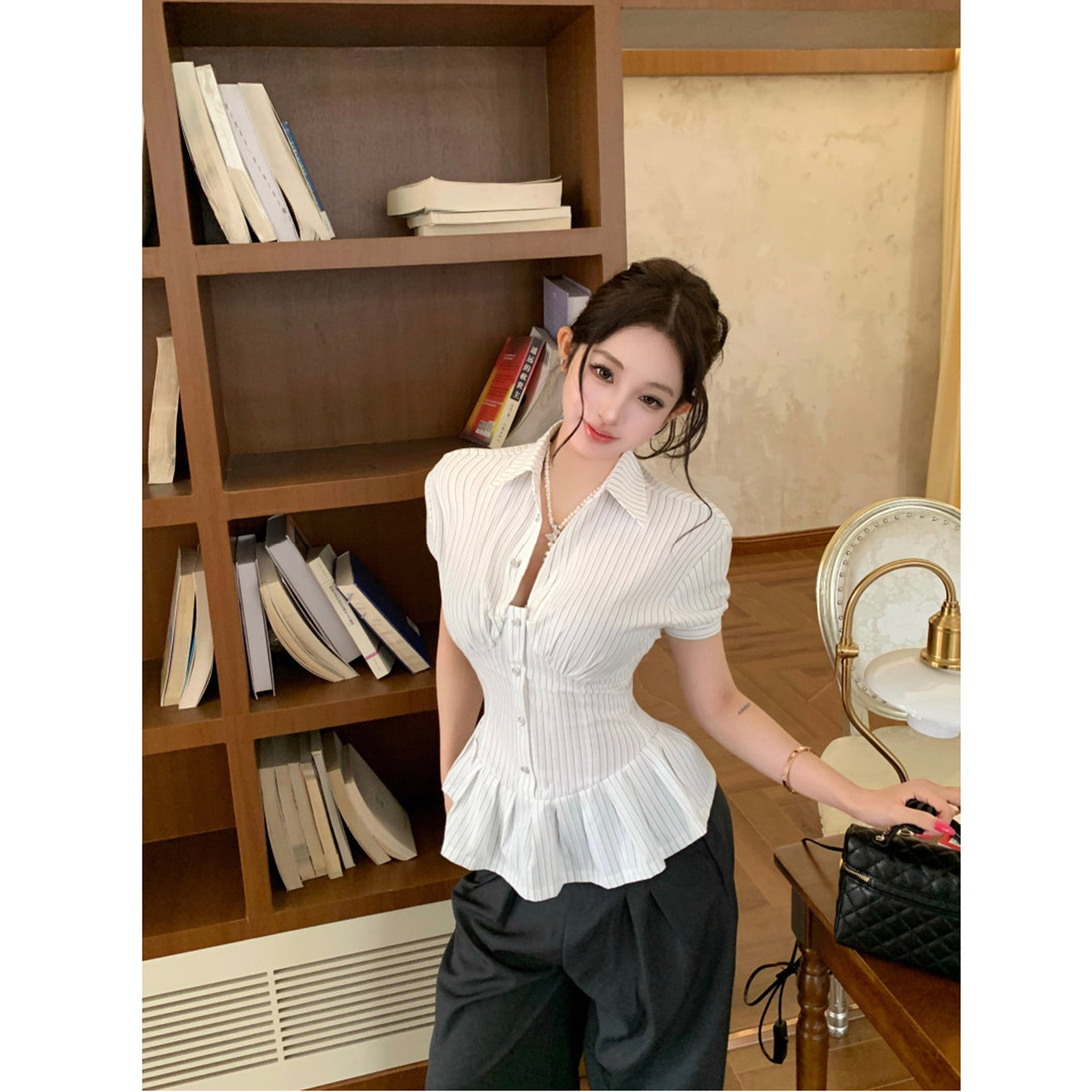 白色条纹polo领短袖衬衫女装夏季后背绑带收腰衬衣设计感修身上衣