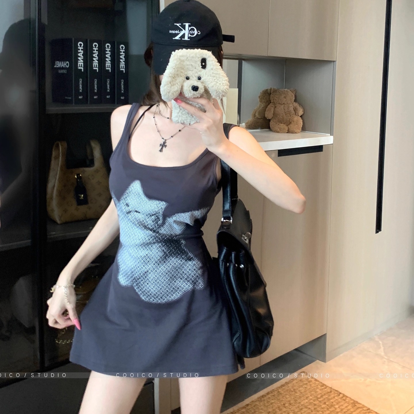 甜辣妹猫咪印花U领吊带背心短裙
