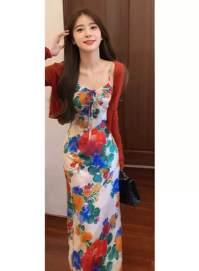 红色开衫度假风印花吊带连衣裙女夏季薄款高级感长款修身气质套装