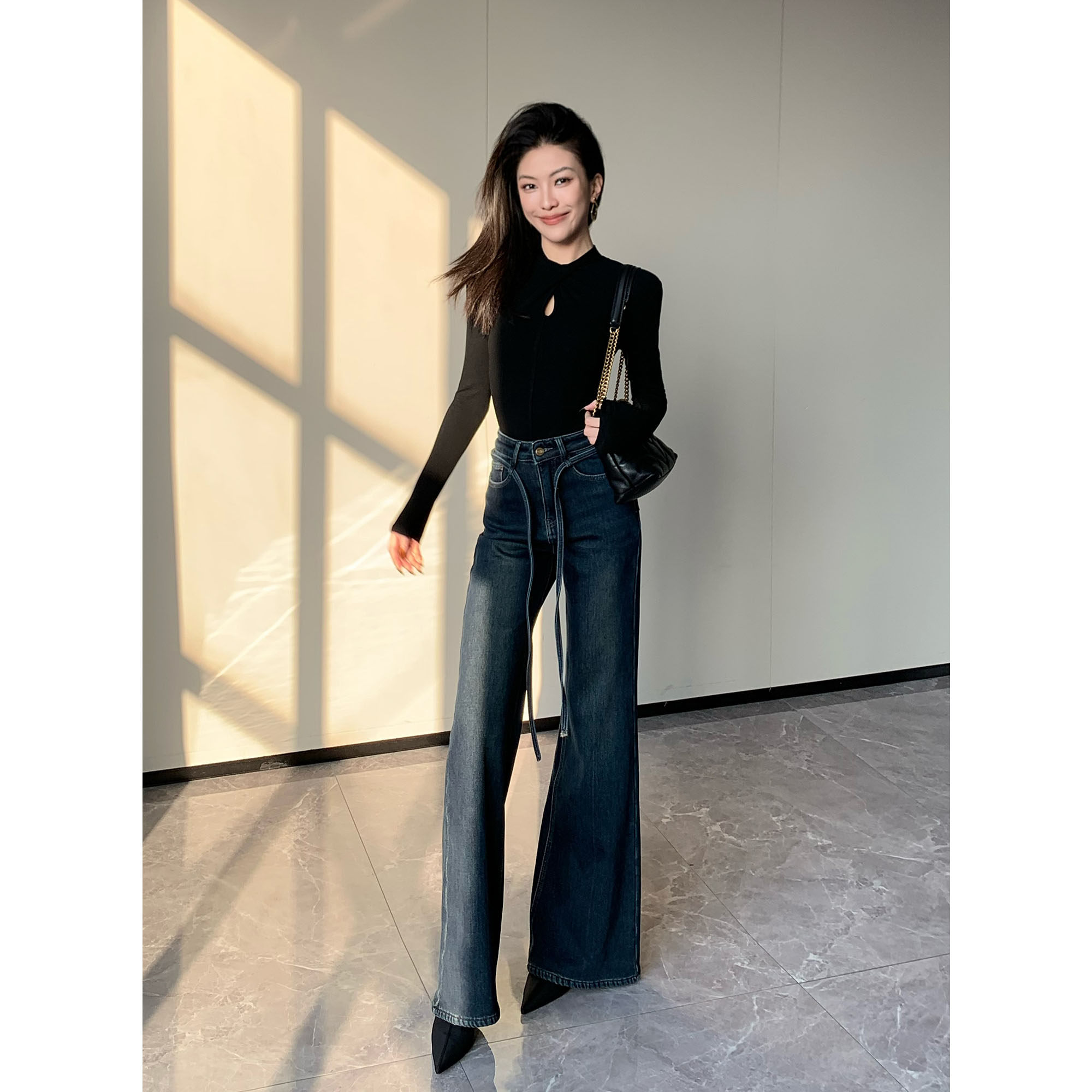 直筒显瘦高腰加绒牛仔裤女
