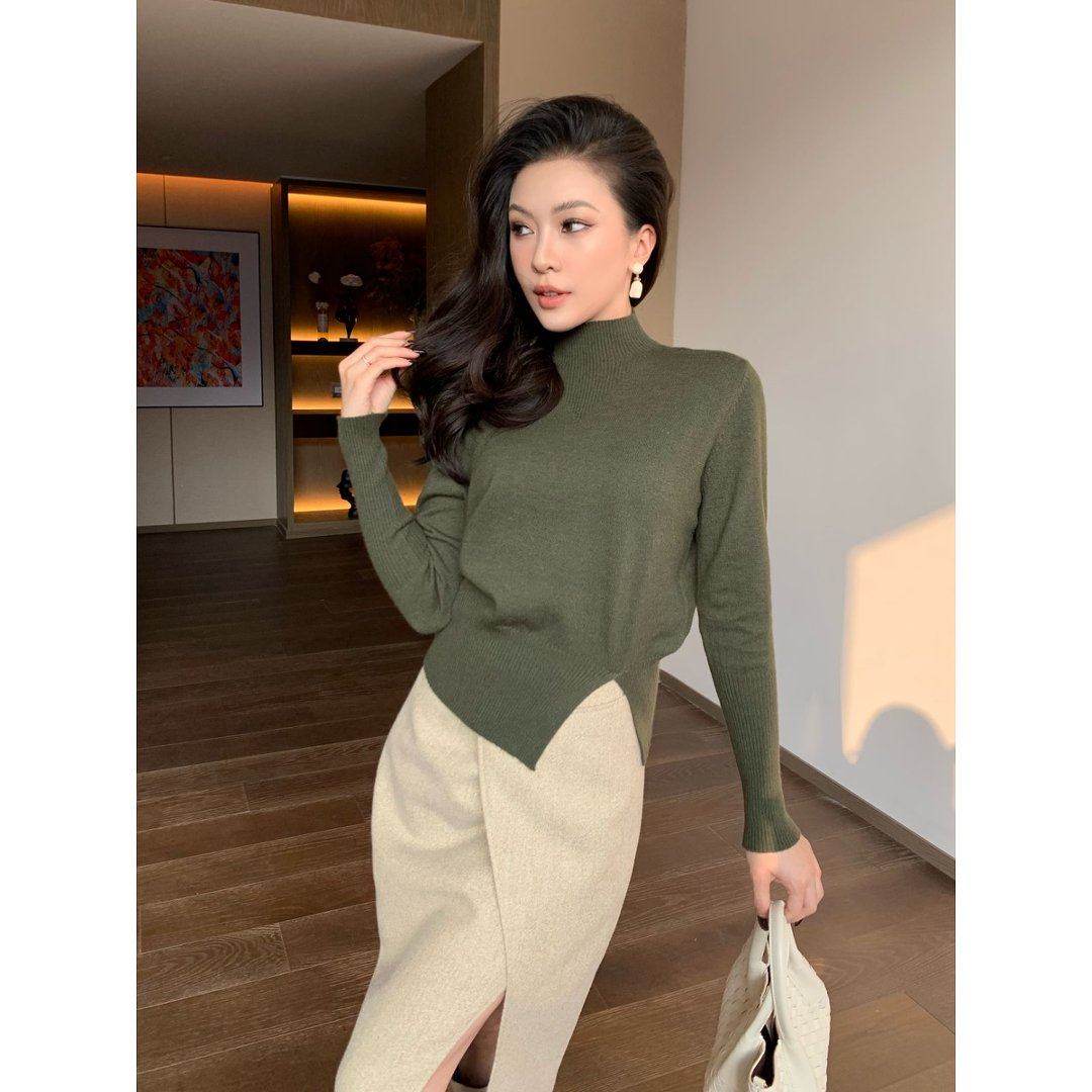 JIJINQI秋冬长袖半高领针织衫通勤复古时尚显瘦不规则开叉上衣女,女装/女士精品,毛衣,淘宝优惠券,粉丝福利购,淘宝优惠卷