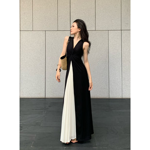 JIJINQI夏季无袖v领拼接法式连衣裙时尚百搭显瘦设计感长裙黑白女