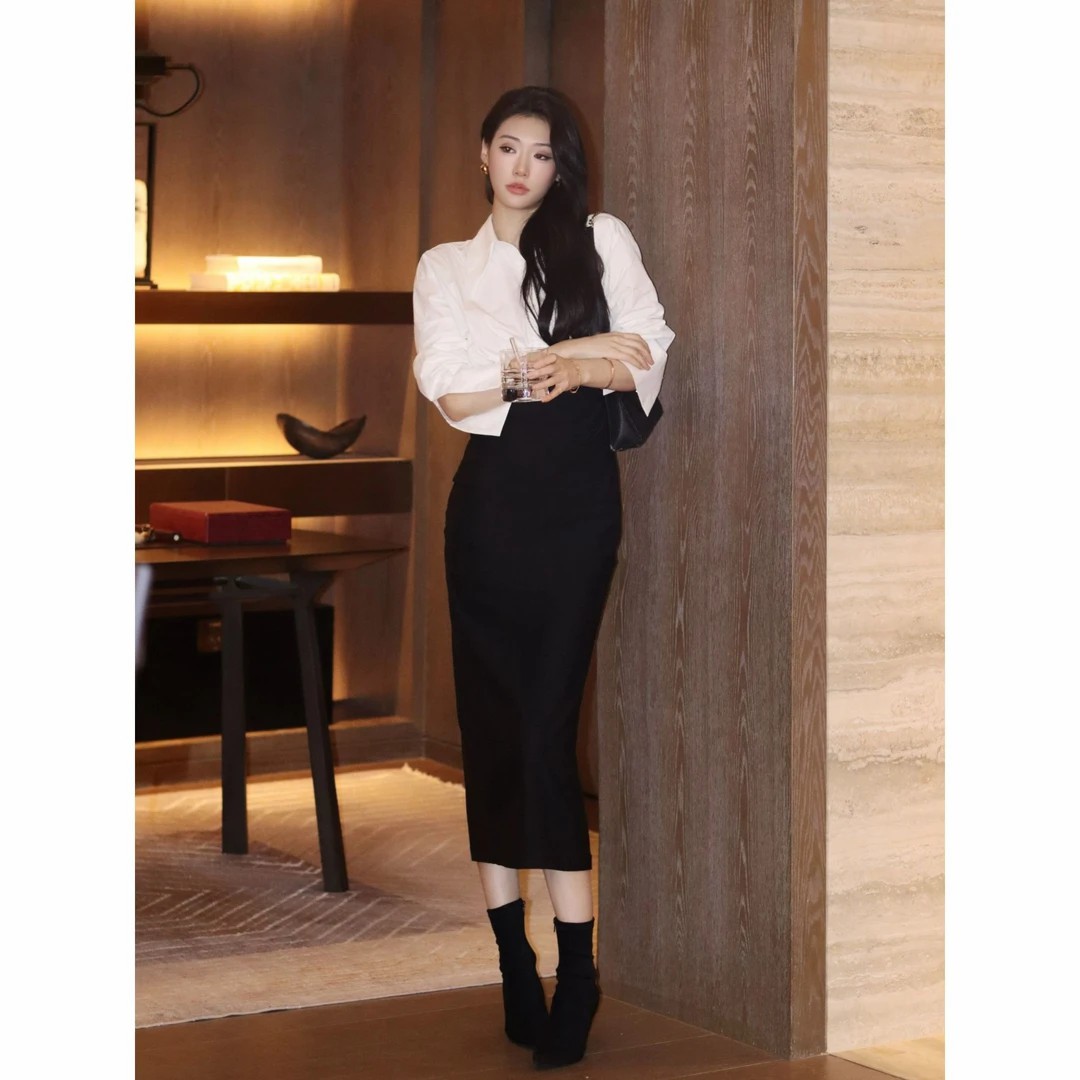 纪金其拼接黑白修身气质长裙女