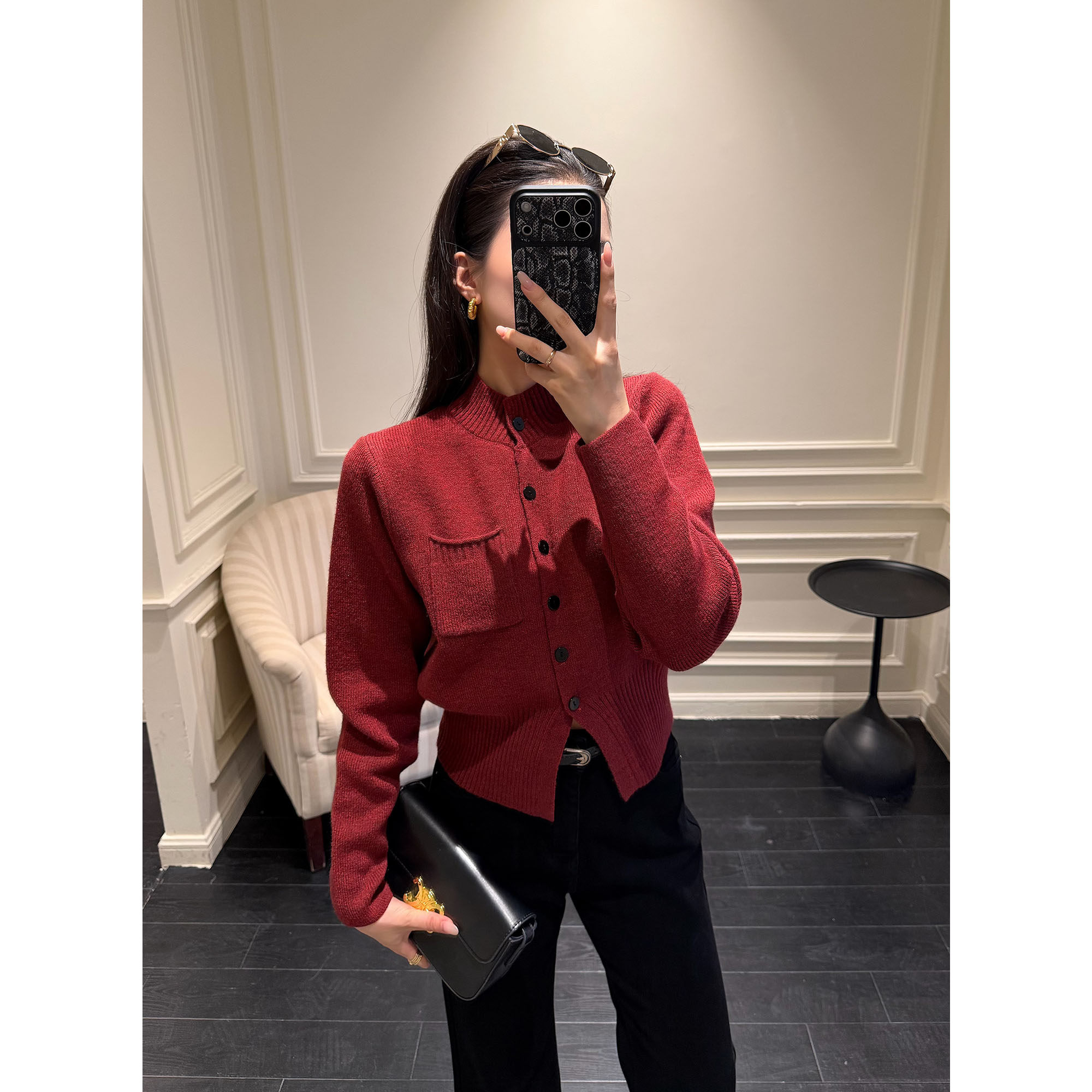 JIJINQI秋冬长袖排扣小香风针织衫设计感休闲新年复古红色毛衣女,女装/女士精品,毛针织衫,淘宝优惠券,粉丝福利购,淘宝优惠卷