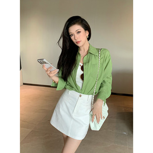 JIJINQI夏季翻领排扣绿色衬衫长袖设计感防晒复古宽松韩版上衣女