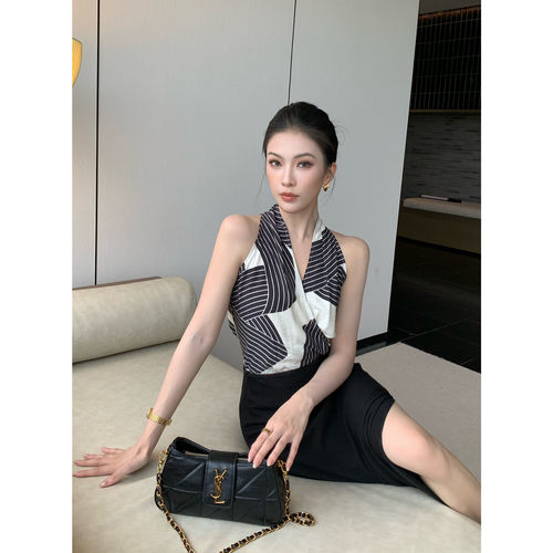 JIJINQI夏季v领无袖露肩挂脖上衣