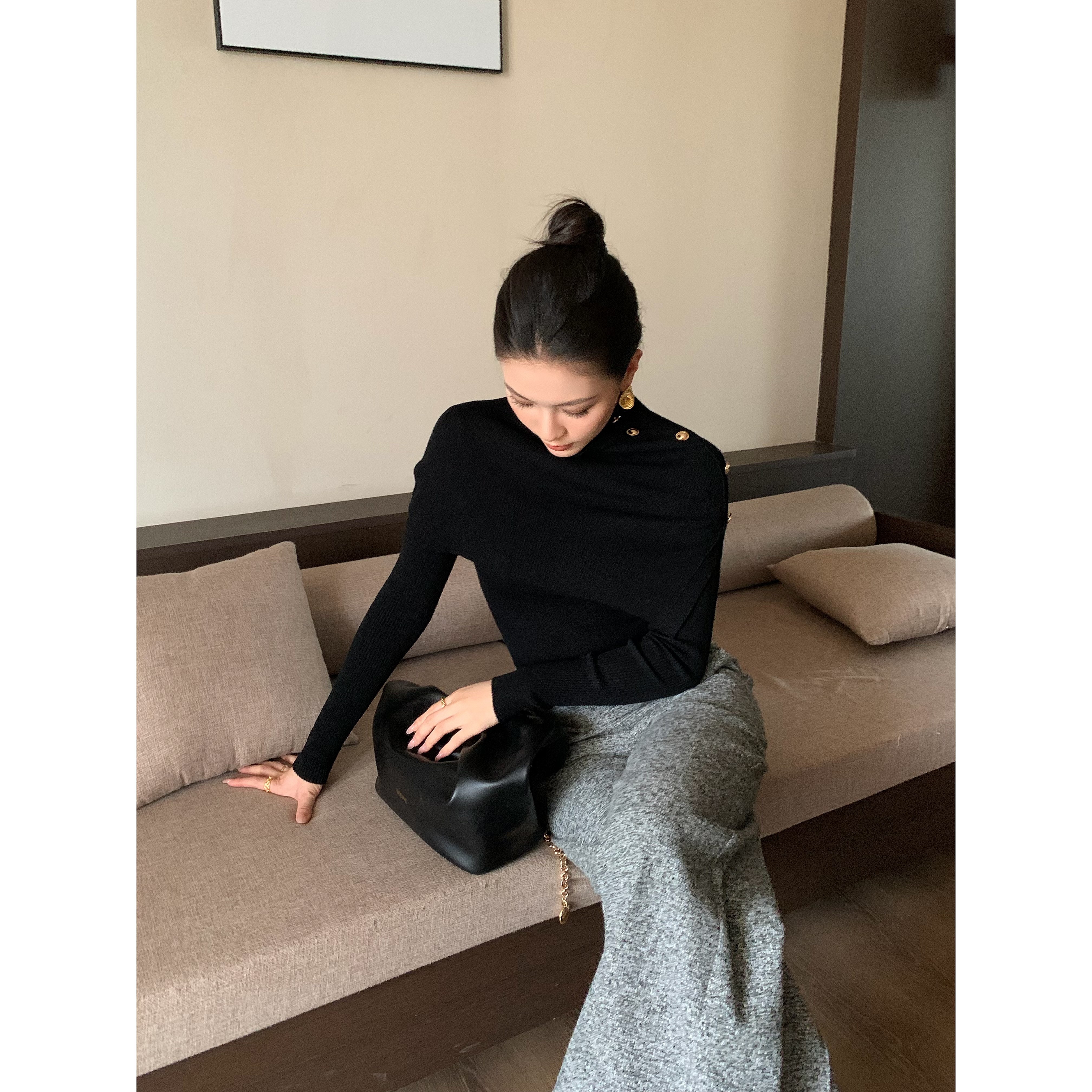 时尚纯色修身长袖针织厚款百搭围脖毛衣两件套JD12SMQM525