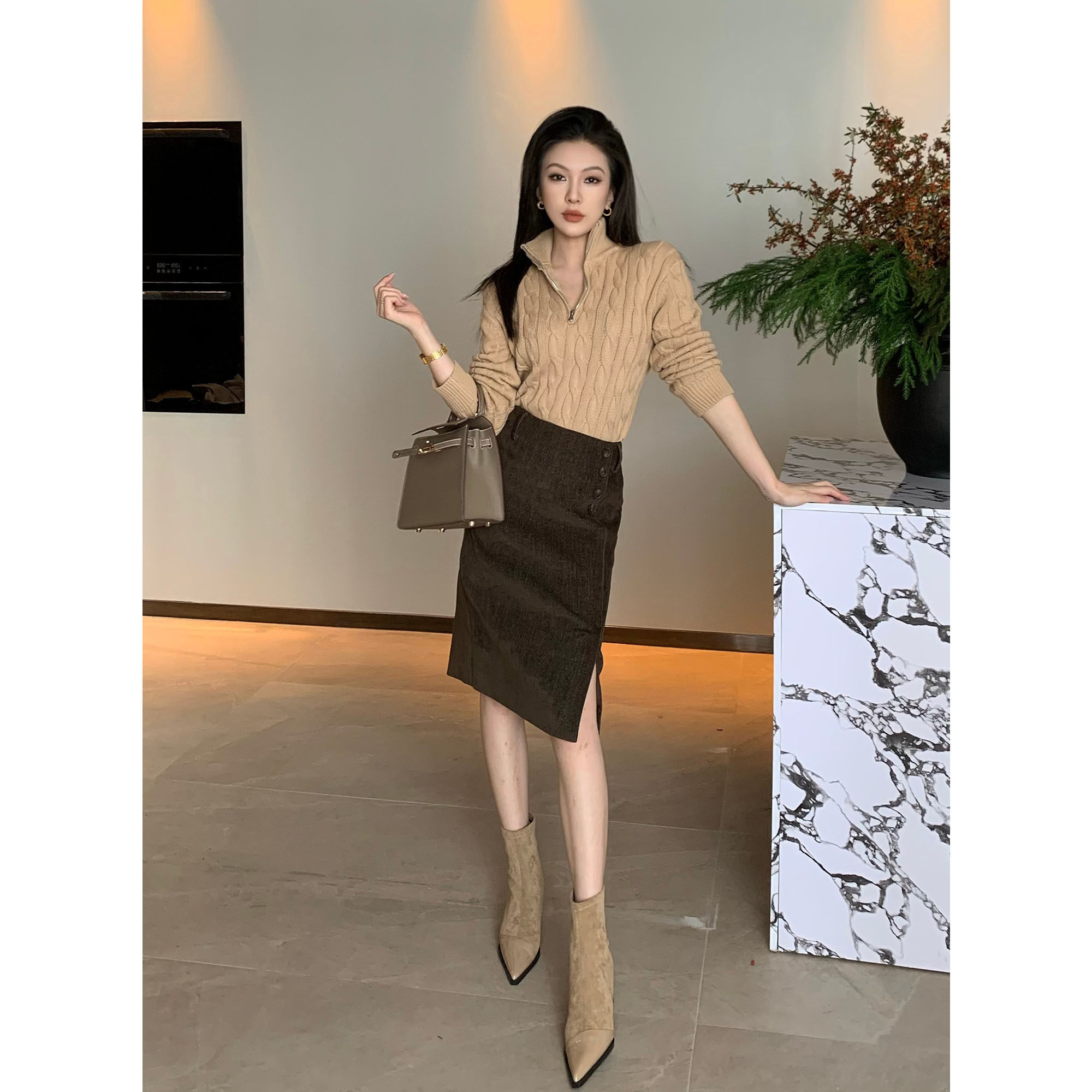 JIJINQI秋冬侧开叉显瘦半身裙