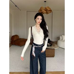 JIJINQI秋季长袖百搭蕾丝上衣v领扭结百搭设计感单穿打底衫内搭女