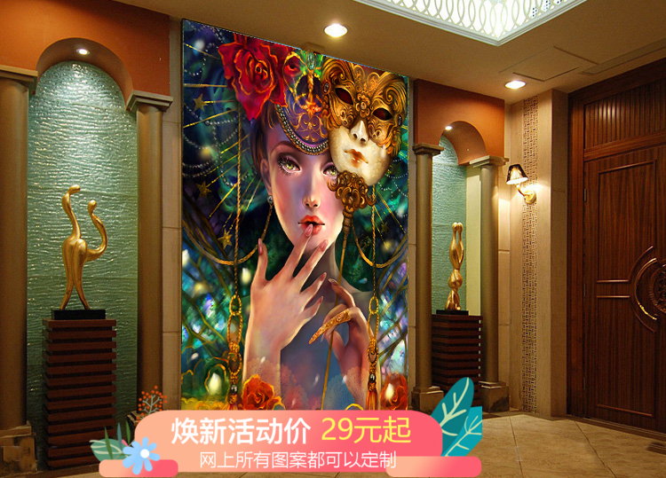 大型酒店壁纸 酒吧ktv包房装饰壁画玄关墙布墙纸欧式油画美女人物图片