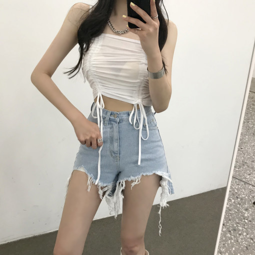 Worn out wear white show thin long leg high waist drawing hole denim shorts