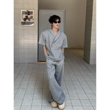 垫肩短袖运动套装男夏季高级感酷帅穿搭一整套夏季休闲裤子两件装，男装T恤，电商C316