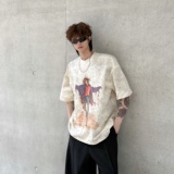 扎染做旧小领口印花短袖男款夏高级感痞帅美式T恤潮牌宽松五分袖，男装T恤，电商C316