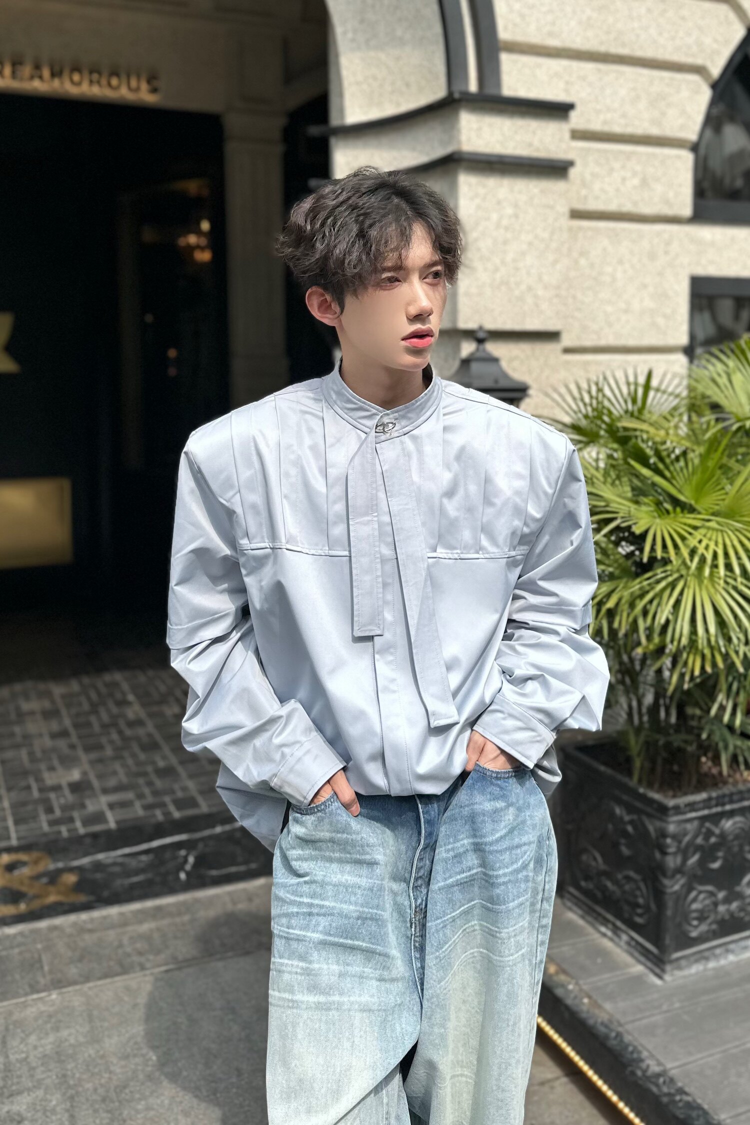 C316CS1125P78春秋新款长袖衬衫时尚浅蓝色衬衣个性垫肩网红,男装衬衫,电商C316