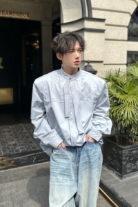 C316 CS1125 P78 春秋新款长袖衬衫时尚浅蓝色衬衣个性垫肩网红图片