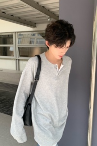C316 T1222 P58秋装新款撞色拼接灰色打底衫长袖T恤tee潮休闲男装图片