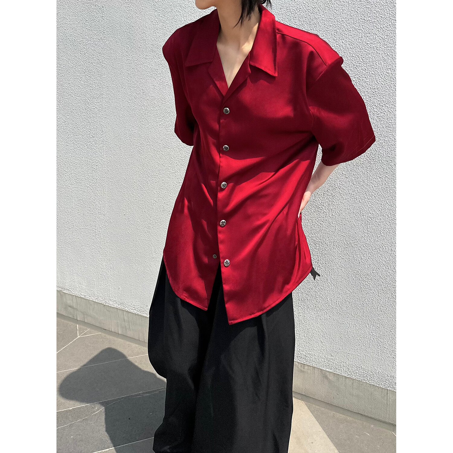 C316CS8140P58丝滑衬衫时尚百搭红色短袖衬衣松弛感理发师,男装针织衫/毛衣,电商C316