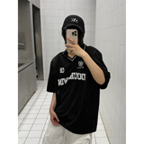 C316T8337P48夏装新款宽松运动秋衣短袖T恤字母印花tee黑色V领，男装T恤，电商C316