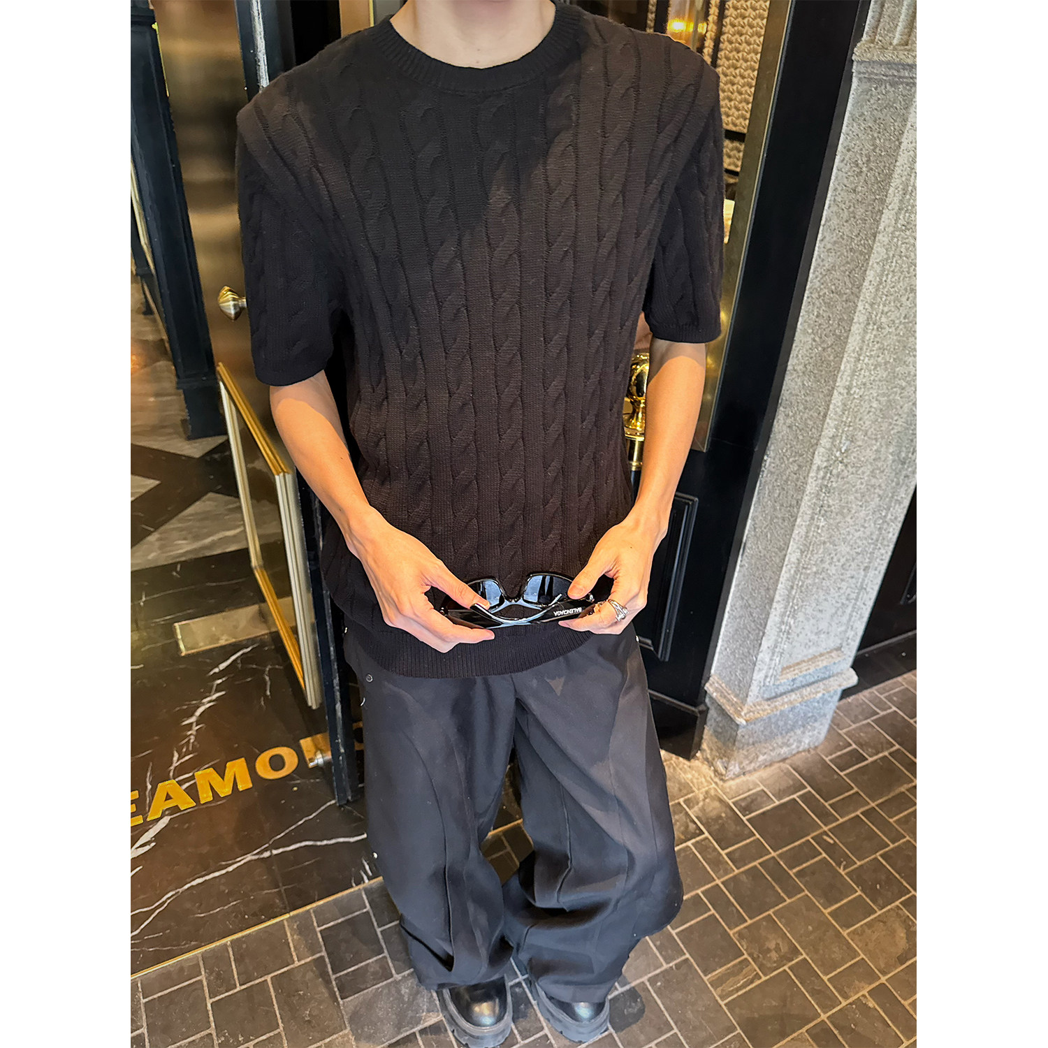 C316T8112P58夏装新款短袖T恤扭花针织tee黑色深灰色米白色,男装T恤,电商C316