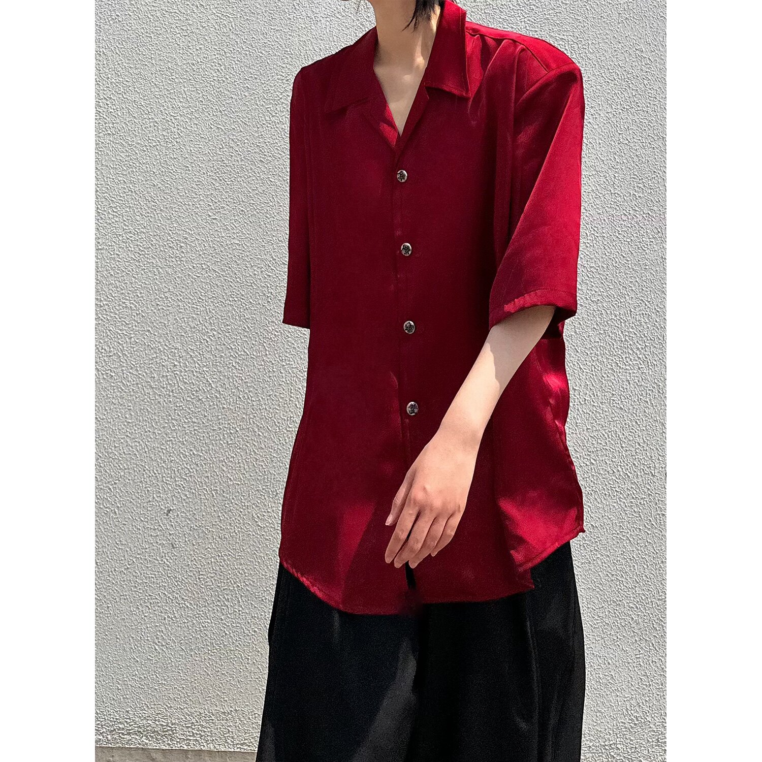 C316CS8140P58丝滑衬衫时尚百搭红色短袖衬衣松弛感理发师,男装T恤,电商C316