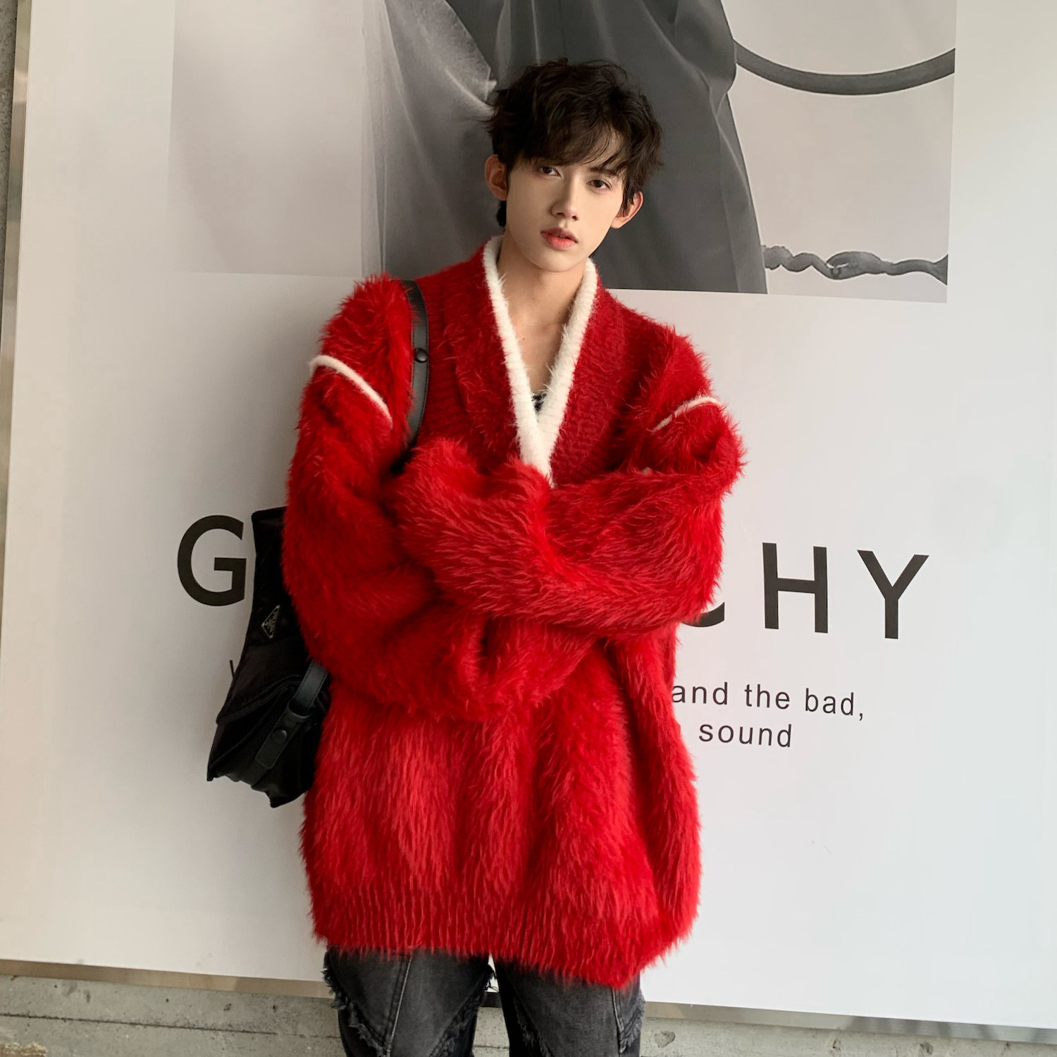 C316MY112P108秋冬新款红色V领个性过年战袍毛衣毛毛衣网红，男装针织衫/毛衣，电商C316