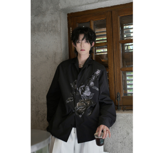 C316 LFCS001 P68 秋装新款百搭长袖衬衫玫瑰花个性衬衣黑色时尚，男装衬衫，电商C316