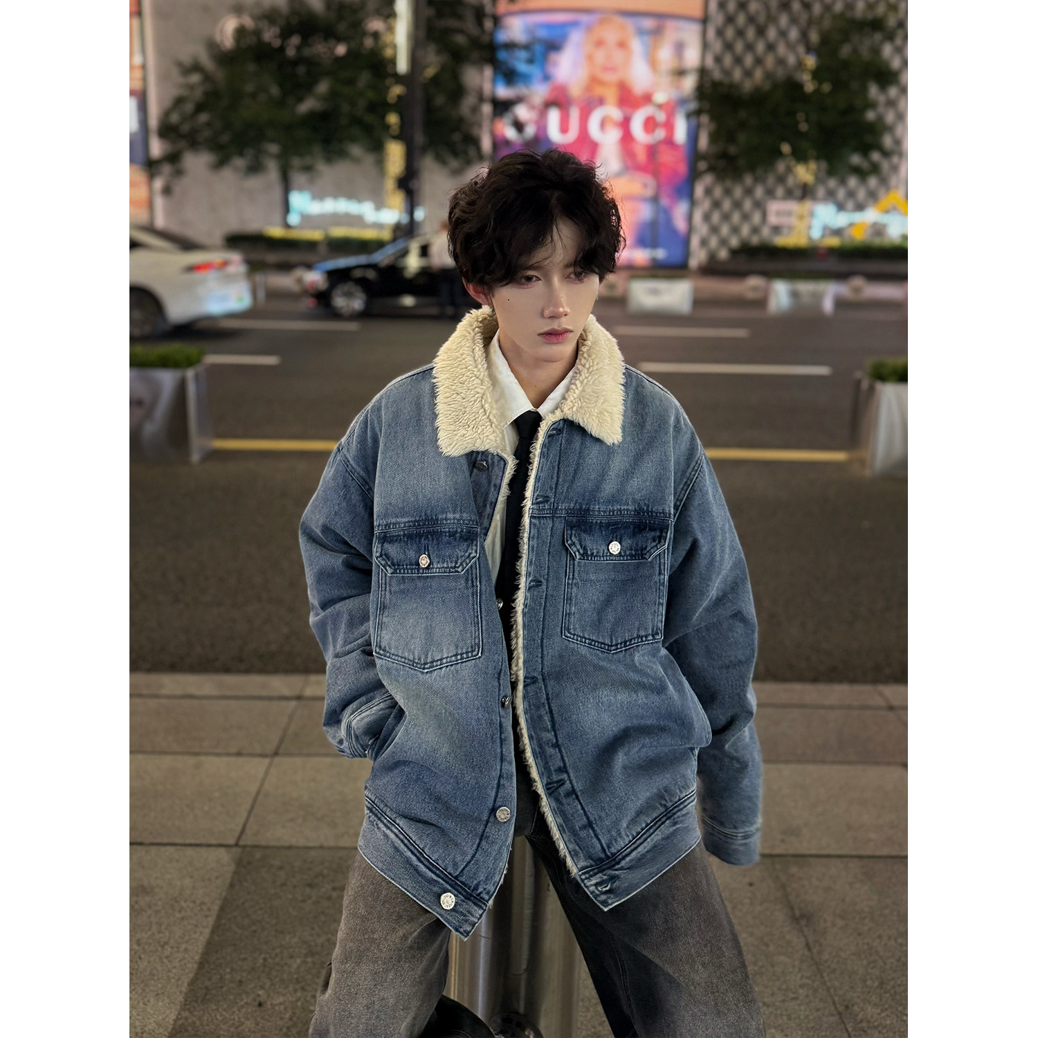 C316MY024P118秋冬新款牛仔棉衣羊羔毛领短款外套时尚保暖加厚,男装工装外套,电商C316