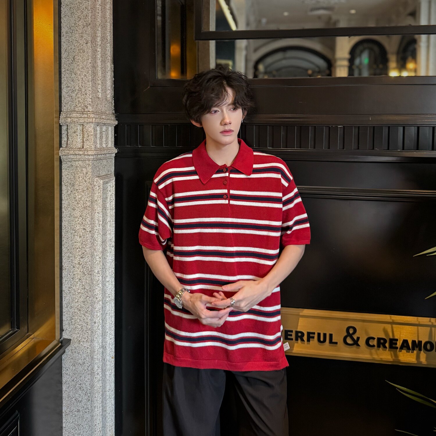 C316T8130P58春装新款短袖红色条纹polo领时尚短袖T恤男女情侣,男装T恤,电商C316